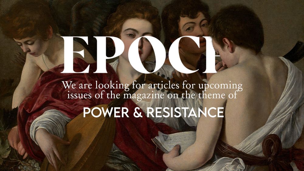 A call for submissions for EPOCH History Magazine, a publication seeking articles for upcoming issues. The theme of the call is 'Power & Resistance.' The image features a vintage-style illustration of a group playing music.