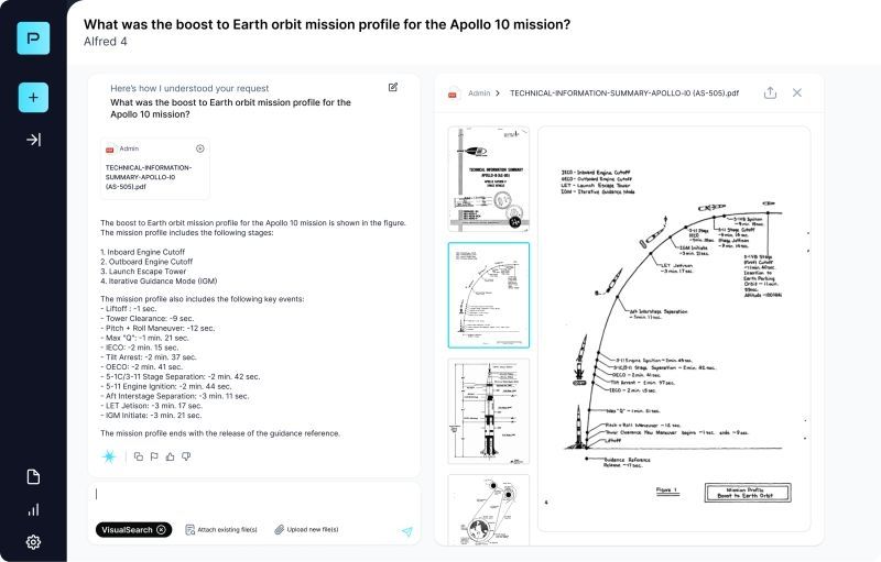 a page showing visual RAG in LightOn paradigm platform. It shows the ability to make a request in words and obtain an answer from a graph.