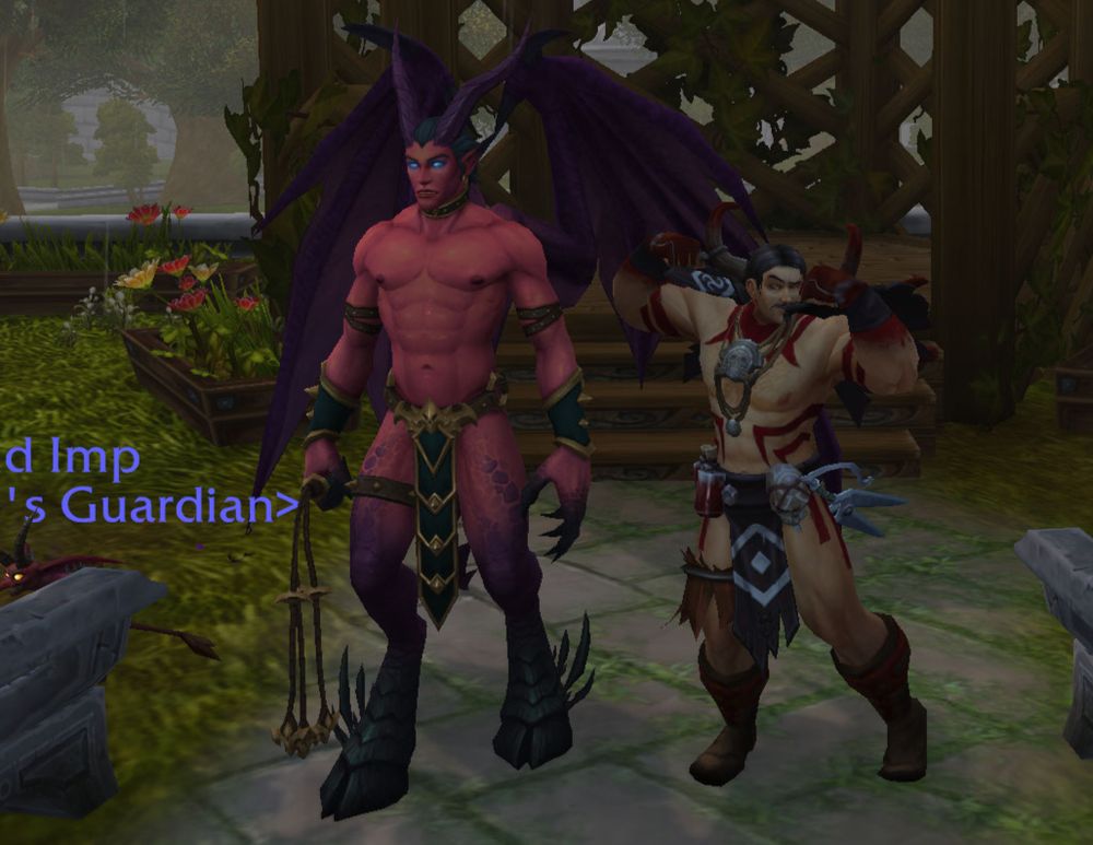 A screenshot of a garden in World of Warcraft. There is a large muscular, scantily clad demon on the left. He has horns, hoofs, wings, and a flayed whip. The demons is only wearing a loin cloth and a collar. On the right is a human male character that is shorter by a few feet. He has black hair in a pony tail. He is wearing body paint and a loin cloth. He is also flexing.