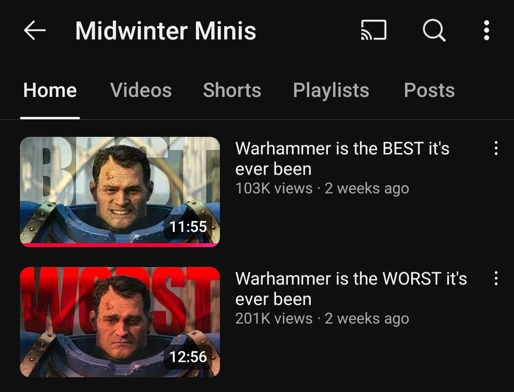 A screenshot of the Midwinter Minis youtube page displaying two videos 