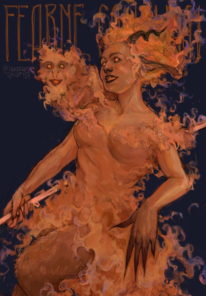 A digital drawing of Fearne Calloway from campaign 3 of Critical Role. She is shown mid-leap, with staff in hand and mister on her shoulder, in her titan form. Her whole body is glowing, her hair and dress are made of flame. Her eyes and the inside of her mouth are glowing, she is smiling. Little mister is not fully a fire lemental, but he is aflame as well, looking towards the viewer. The background is solid muted dark blue, with thin lettering spelling 'fearne calloway'.