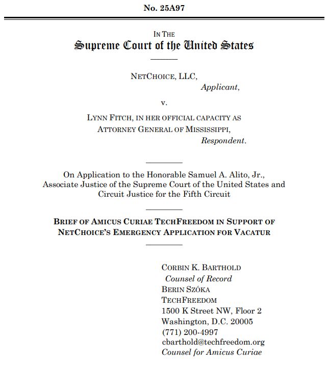 TechFreedom SCOTUS brief cover page in NetChoice v. Fitch.