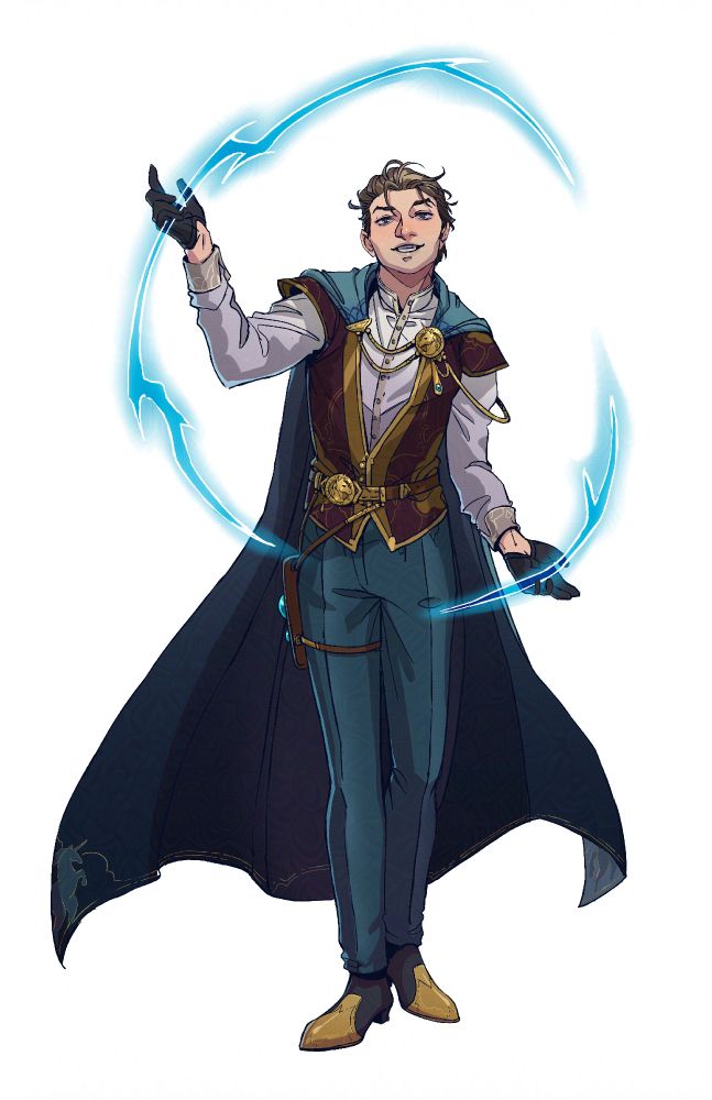 A mage casts a lightning spell. He has a cocky look on his face.