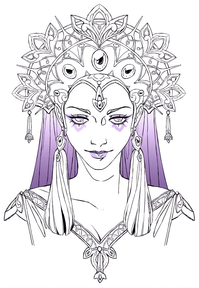 A linedrawing of a woman wearing an ornate jeweled dress with tassels hanging down