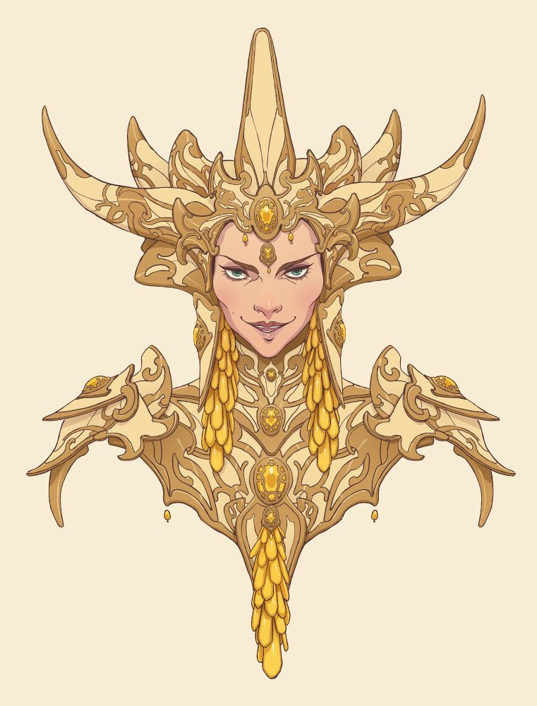An illustration of a woman in elaborate white and gold trimmed armour smiling wickedly at the viewer.