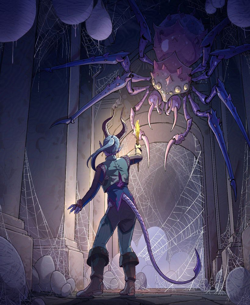 Her Lair. An illustration of a tiefling encountering a giant spider in ruins.