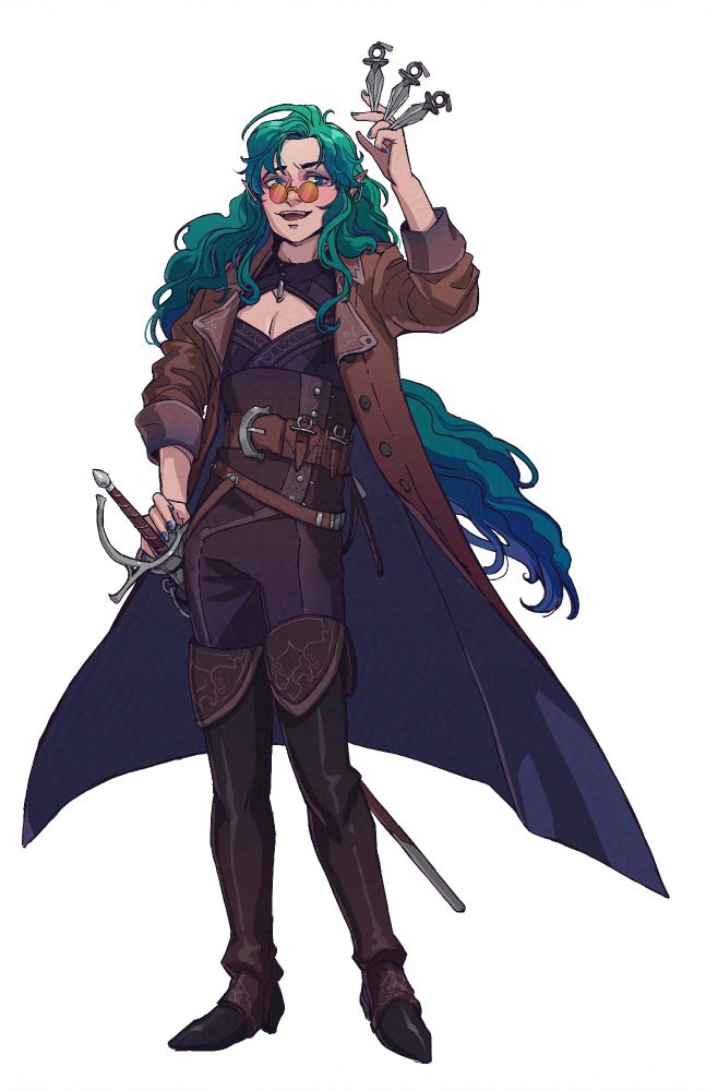 A rogue smiles at the viewer. One hand on their rapier and the outher holding some throwing knives idly. Their long blue-green hair flows behind them.