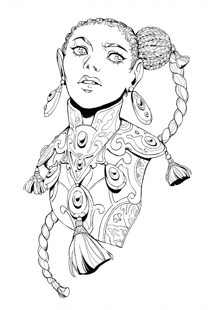 A line drawing of a elaborately armored mage bust. Jewels adorn a collar and fancy tassels hang down. The mage has a large bun and braid.