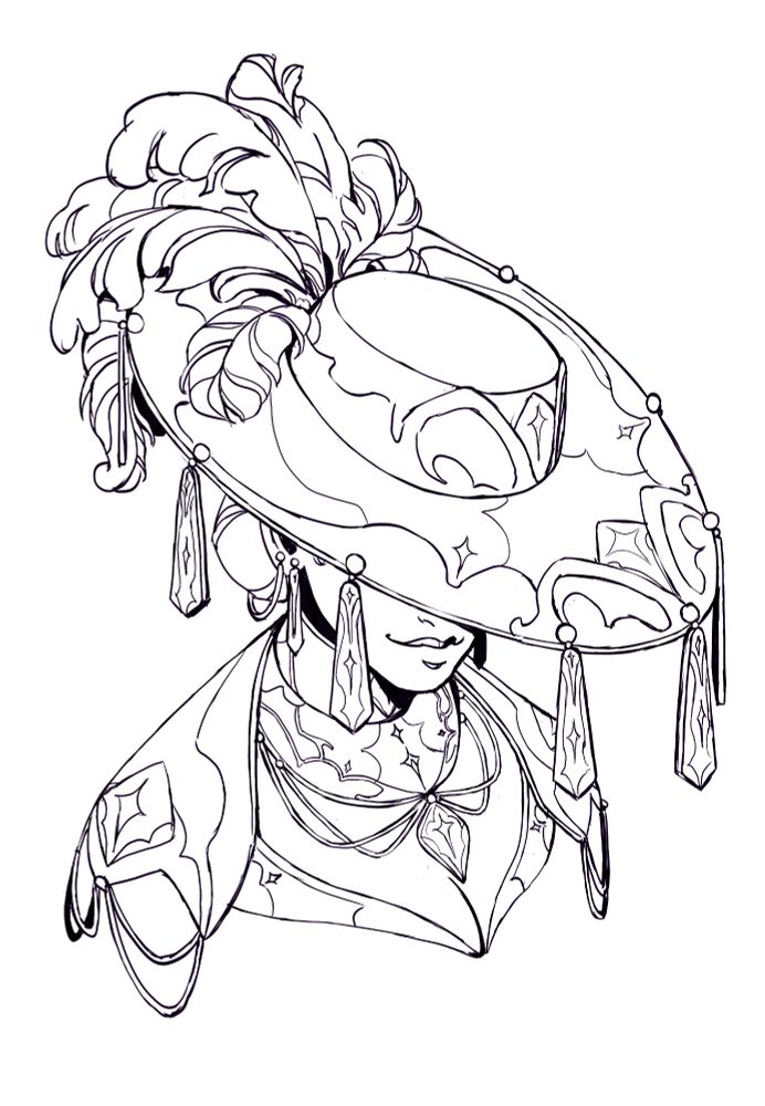 A line drawing of a woman with an ornate large-brimmed hat. Large feathers cascade from the back of the hat. Her face hidden.
