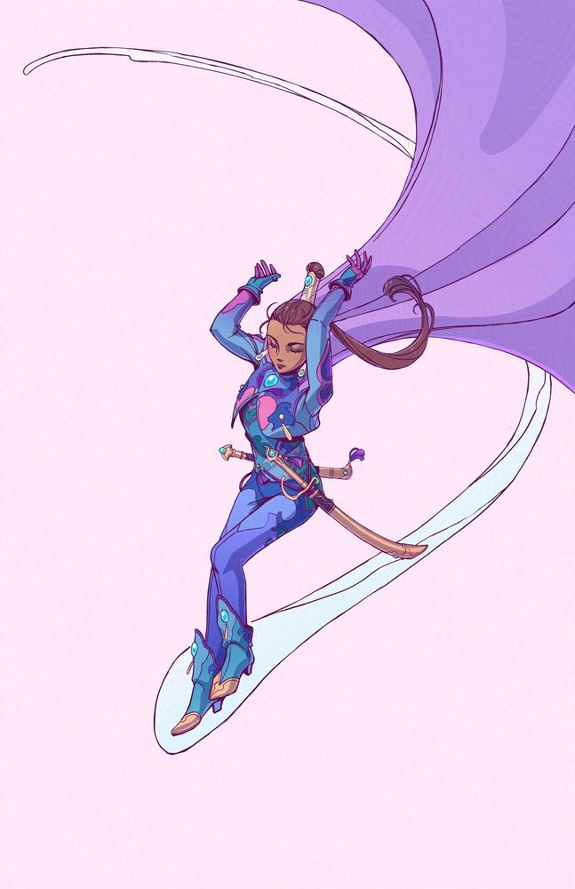 A mage glides peacefully through the air. The mage's cape flows behind them and they have a serene expression on their face.