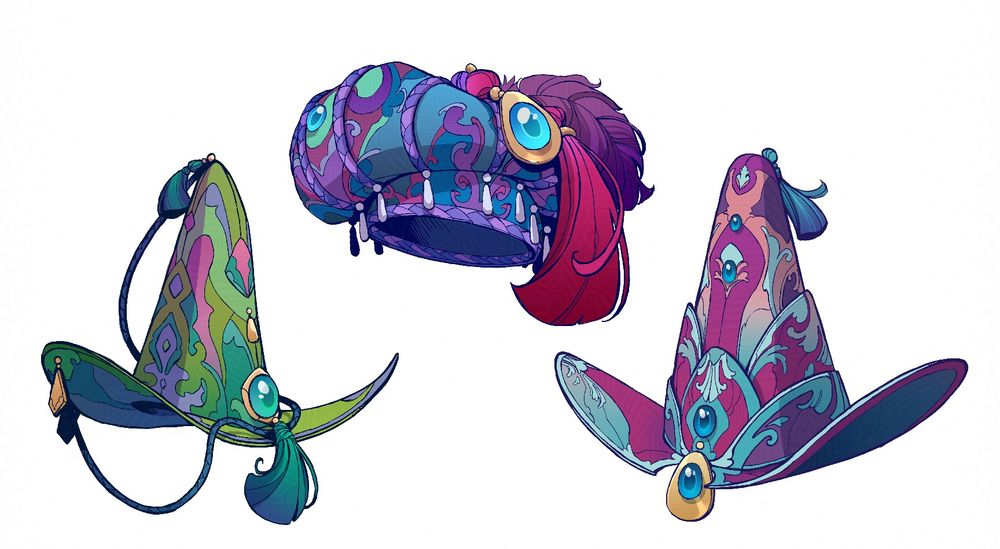A set of three whimsical mage hats with bright colors and jewels inlaid in gold.