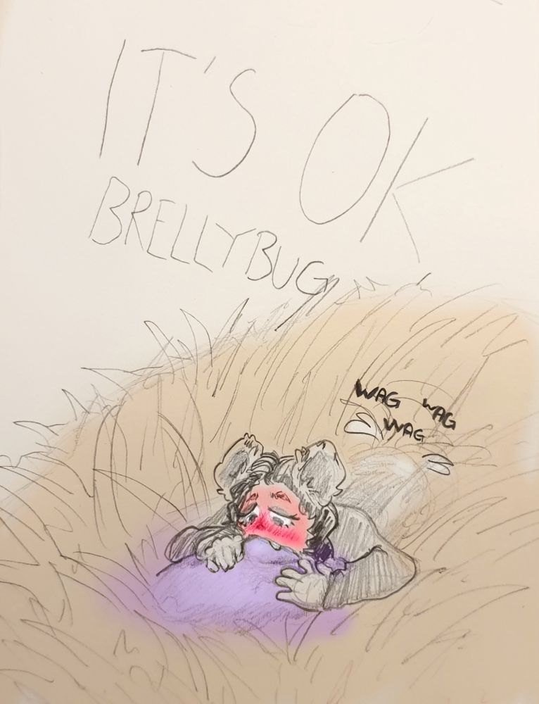 Brelly red-faced suckling on a big purple nipple while being reassured that its ok. She's wagging her tail 