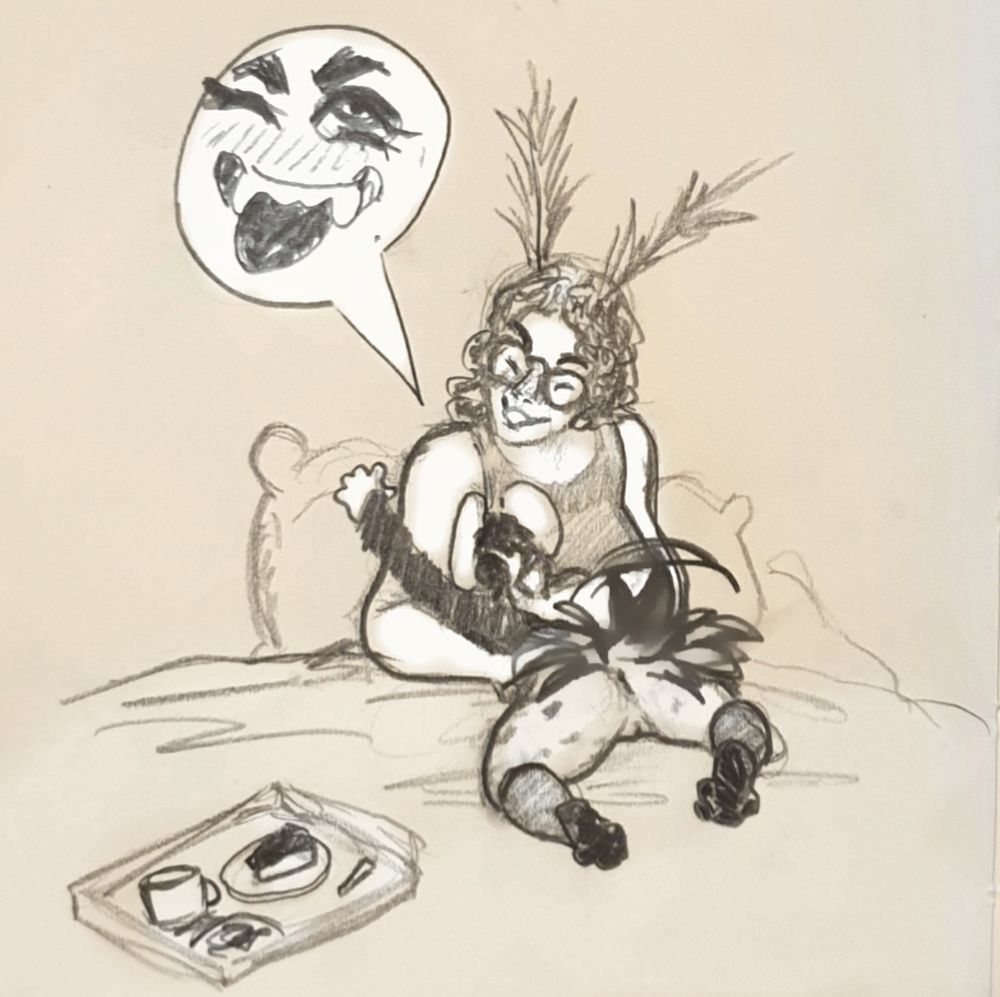 Brelly and Brin in bed. Brelly has woken Brin up with cake and breakfast and a joint. Brin is shoving Brelly's nose into her armpit. Brelly is wagging her tail.

Brelly is about the size of a medium dog to Brin.