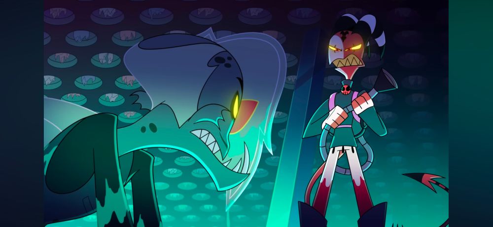 Screenshot of Helluva Boss's Rolando seen from the back and to the side; he's kneeling on the side of the pool, exhausted & dripping wet, looking up as Blitz stands above him holding the vacuum nozzle menacingly. Rolando's bang-like headfins are full luxuriously and hang a good 1.5in past his chin.