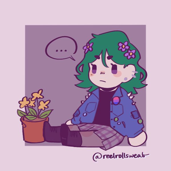 a picrew of a little guy, that has green wavy short hair with purple flowers, purple eyes, light skin, silver ear piercings, and a punk inspired outfit by a potted plant with yellow flowers