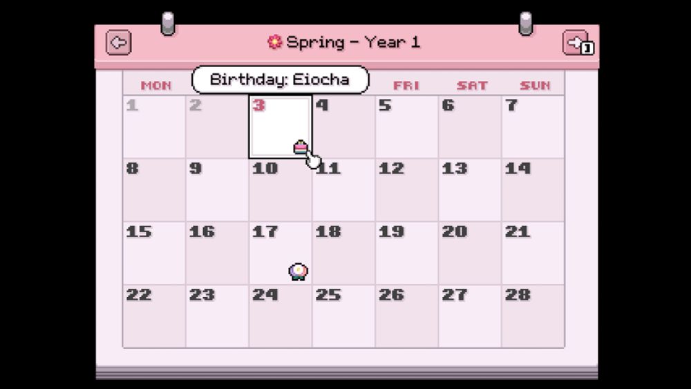a screenshot of the fields of mistria calendar, showing the player character Eiocha's birthday is today, Sping 3 in game