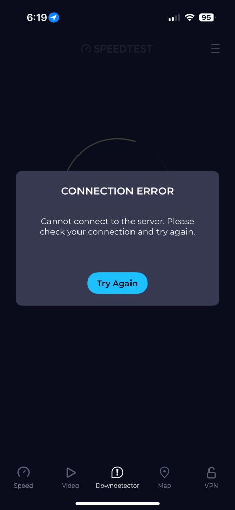 Screenshot of Speedtest’s Downdetector not working—Connection Error Try Again