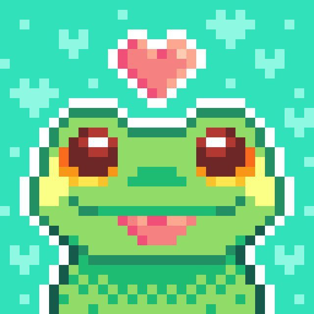 Pixel art of a frog sticking it's tongue out with a heart above its head. Background is mint colored with light hearts and dots.