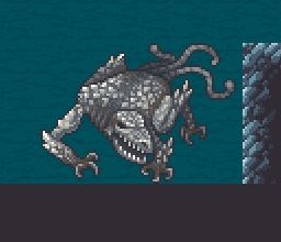 Some sort of weird grey rock-beast described in the picture in the previous post. From this image, it appears to have scrawny rock-scaled arms and three whip-like tails. It's head is shaped like a bird or lizards bald skull and long, pointed mouth. Below it is blue water.