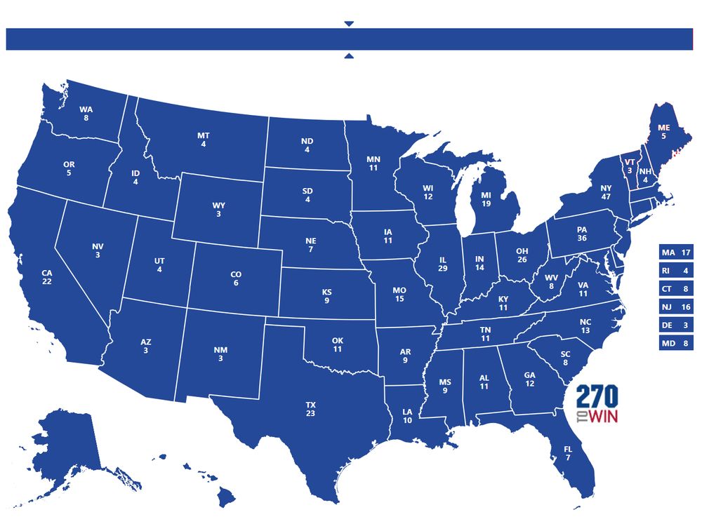 A US electoral map showing a landslide victory for the blue candidate