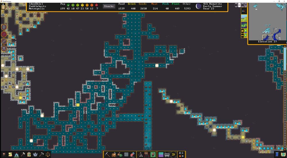 Dwarf Fortress screenshot. A maze of dark blue lightens as it hits a vertical path in the middle. The water is draining off the bottom of the screen and map.