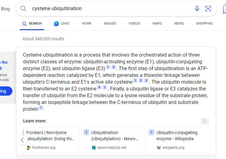 AI searchbot writes a description of cysteine ubiquitination... that ends with ubiquitination of a lysine. Trust me that this is annoying if you're a biochemist just looking for a reference.