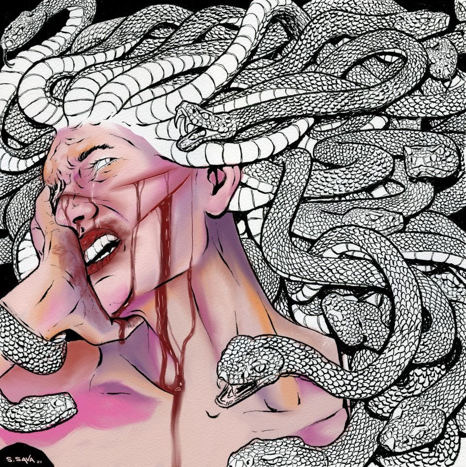 a wip of scott christian sava's medusa coloring page, with the skin colored and rendered and her snakes black and white, she has 2 lacerations on her cheek and one across her nose