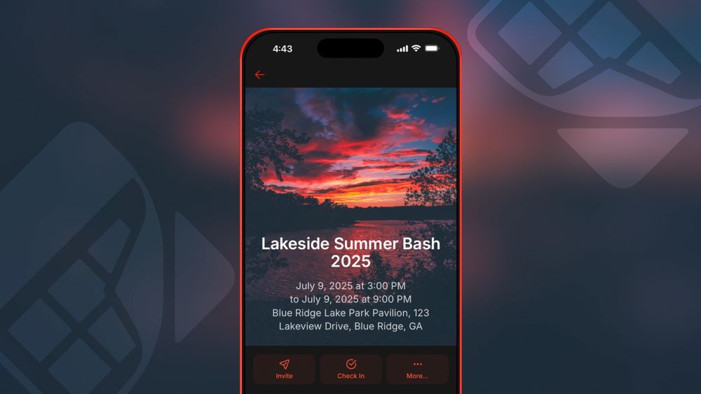 A red phone against a blurred navy and red background. The phone screen has Festivo’s new event interface open, with the cover image being a lake over the sunset. The event is titled “Lakeside Summer Bask 2025” and the event starts on July 9 at 3:00 PM and ends at 9:00 PM. The event’s address is visible on screen. Three red buttons appear below the image, titled Share, Check In, and More.