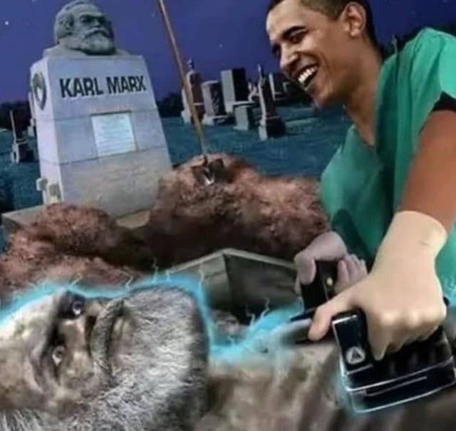 a heavily edited image of barack obama in scrubs, defibrillating karl marx's corpse in a graveyard