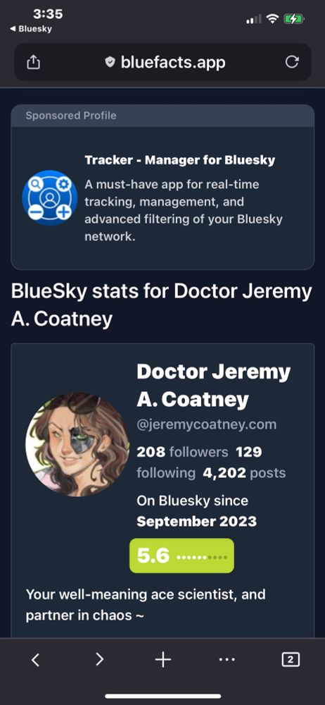 Shows that Doctor Jeremy A. Coatney has a score of 5.6 out of 10 from BlueSky Stats