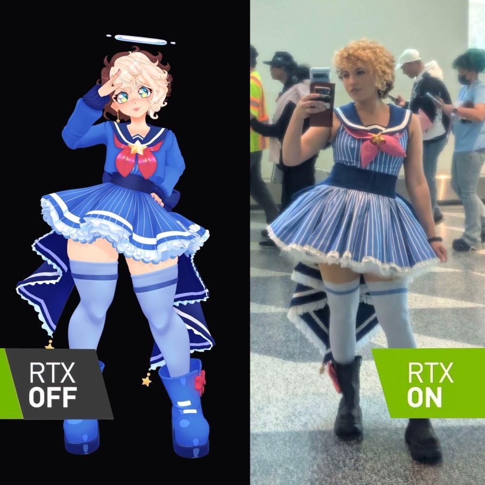 RainyRentyn's 3D vtuber model on the left, and an IRL photo on the right. Her model is based off of her and apart from a blue halo above its head they are largely identical. She is a gal dressed in all blue with a huge back ribbon and brightly colored pink bows on her chest and big rain boots. . She has coily hair that is brown on her right side, and blond across the front / left