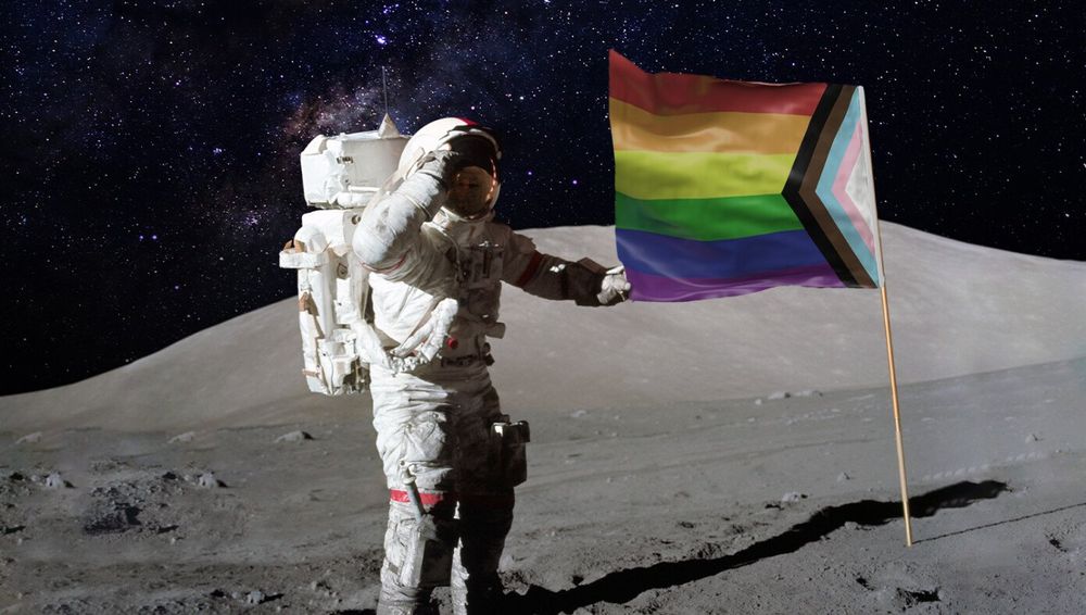 An astronaut next to a pride flag on the moon