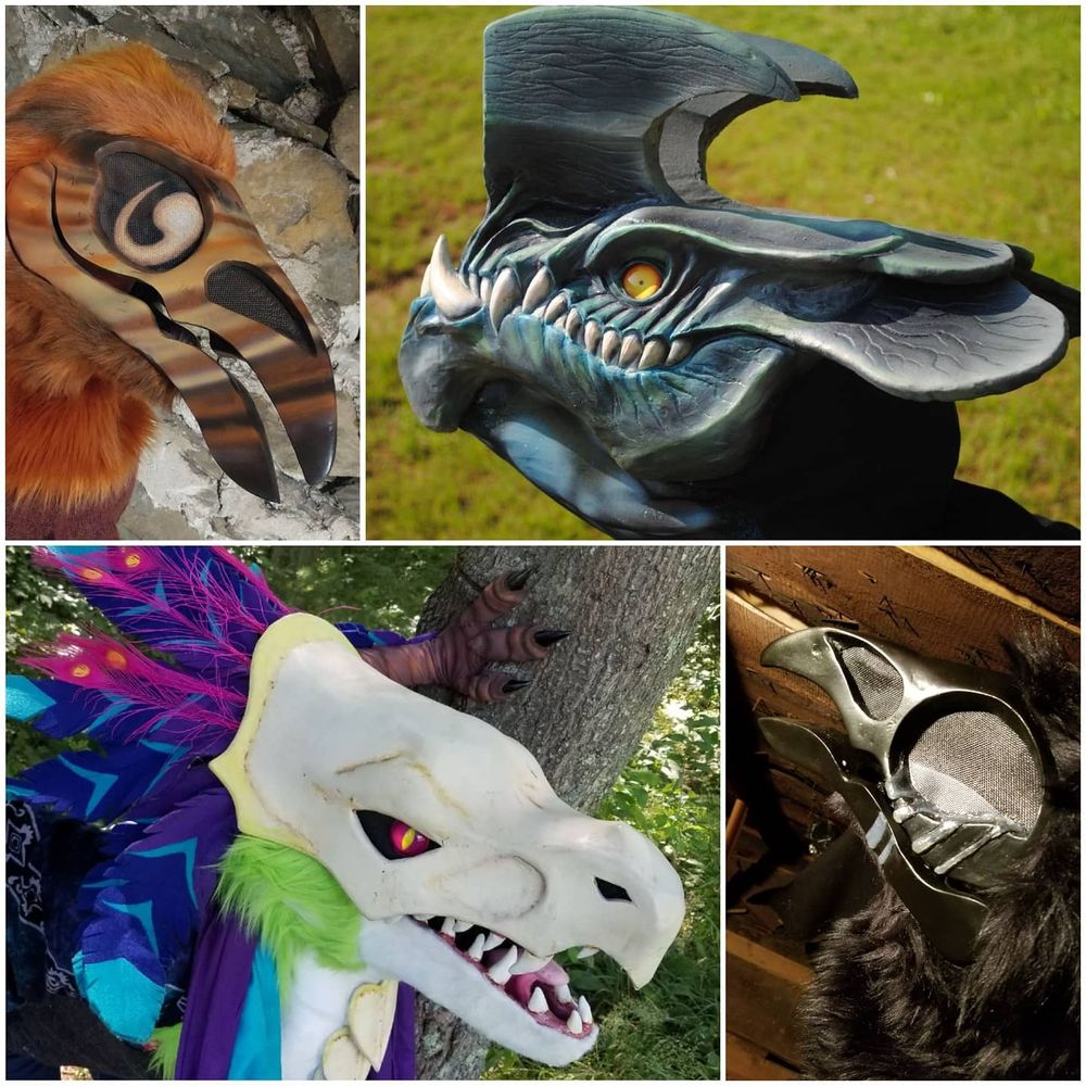 4 costume heads. Clockwise from upper left: a mesa inspired bird, otachi from Pacific rim, a black skull bird with tears on its face and a skull faced dinosaur with blue and pink feathers