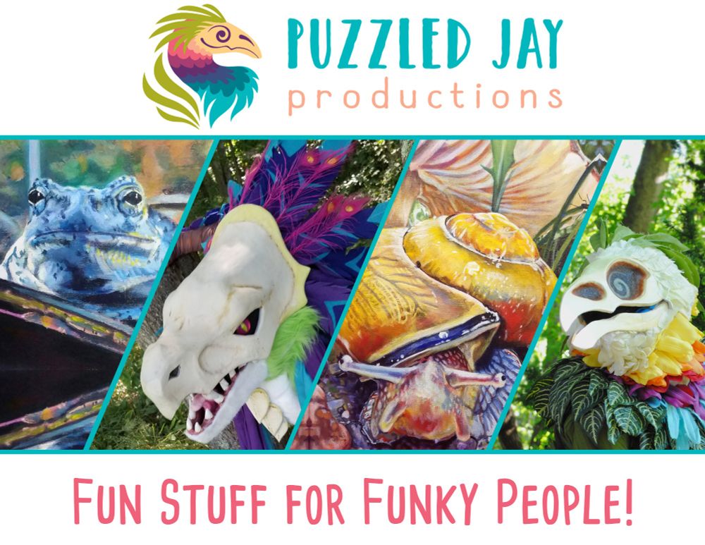 Top text: "puzzled jay productions"
Images from left to right: painting of a blue  toad, costume head of a skull faced dinosaur with feathers, painting of a yellow snail, costume of a skull faced bird with flower petal feathers