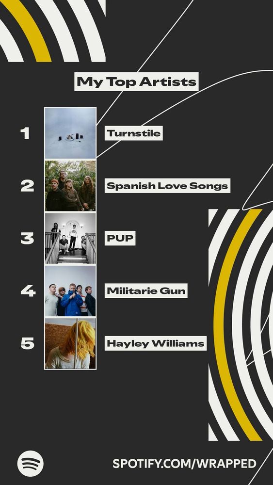 Spotify Wrapped Top Artists: 1. Turnstile, 2. Spanish Love Songs, 3. PUP, 4. Militarie Gun, 5. Hayley Williams