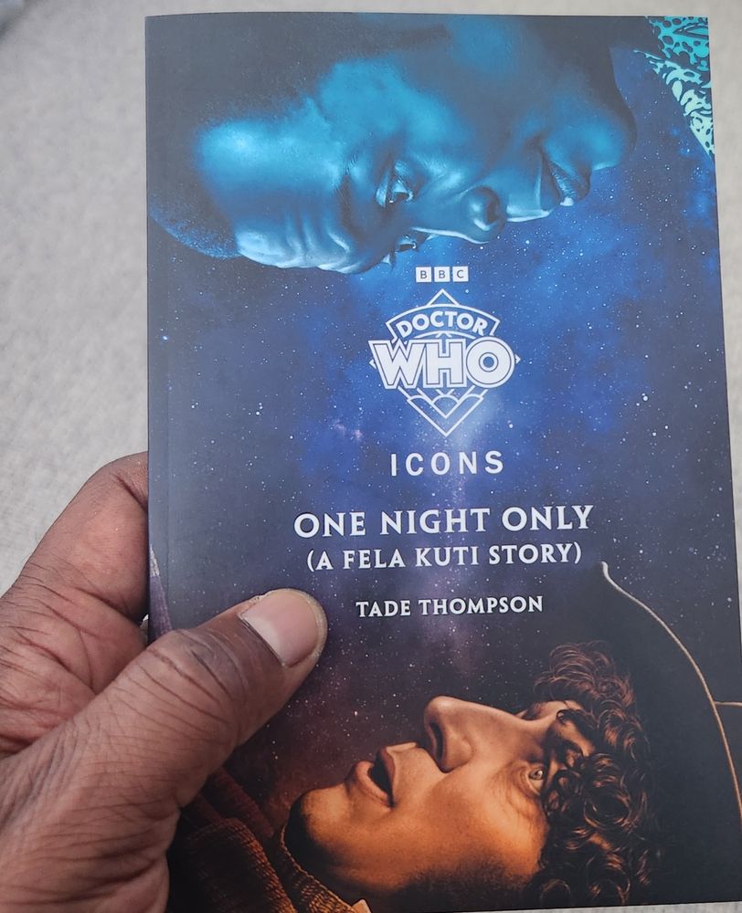 Book cover, Fela Kuti and Tom Baker in his Doctor Who years