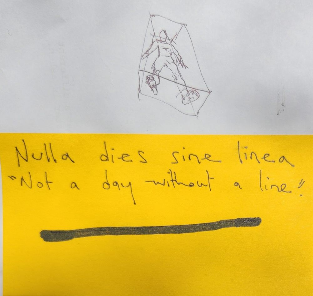 Nulla dies sine linea / "Not a day without a line"

Doodle of a person floating above in perspective
