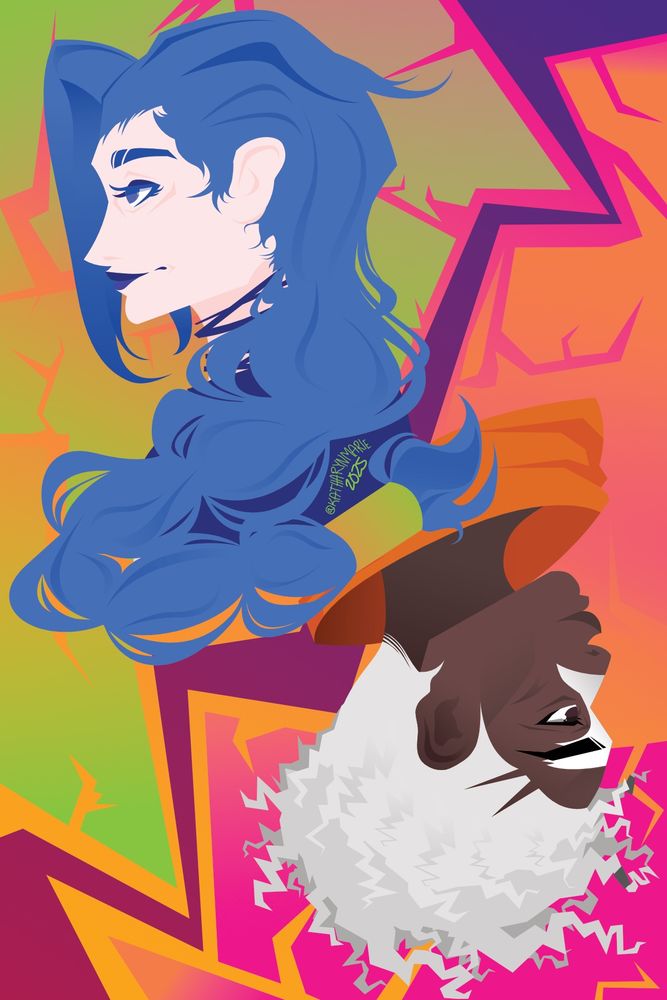 A side profile of Jinx & Ekko from the Arcane adaptation of the League of Legends characters. It is done in a style to mimic playing cards.