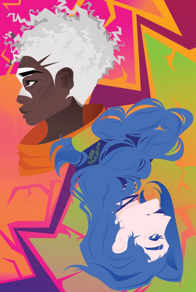 A side profile of Jinx & Ekko from the Arcane adaptation of the League of Legends characters. It is done in a style to mimic playing cards.