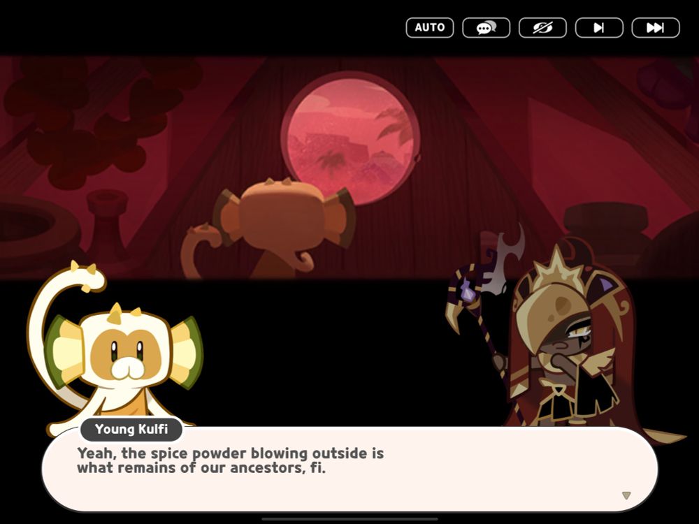 A screenshot of the mobile game Cookie Run Kingdom showing a baby kulfi monkey explaing “yeah, the spice powder blowing outside is what remains of our ancestors.”