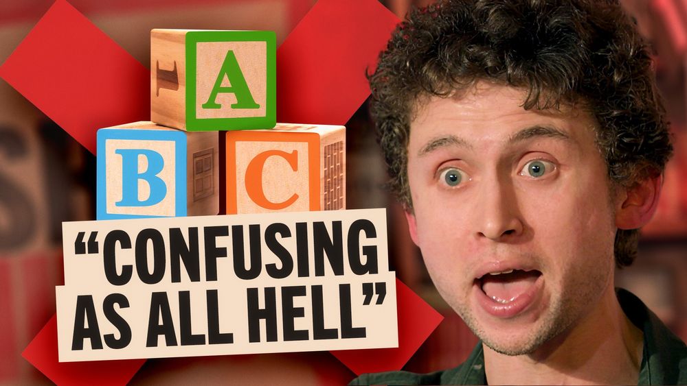 Lukas Arnold looks at the screen with his mouth open, next to a set of children's letter blocks with the text, "Confusing as all hell" over it. 
