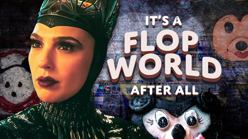 Gal Gadot in her costume from Snow White next to the text, "It's a flop world after all."