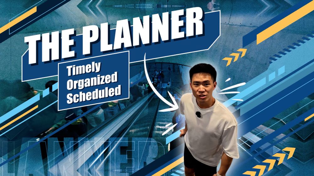 Jeff Chang stands with a blue retro background with the text, "The planner: timely, organized, scheduled" next to him.