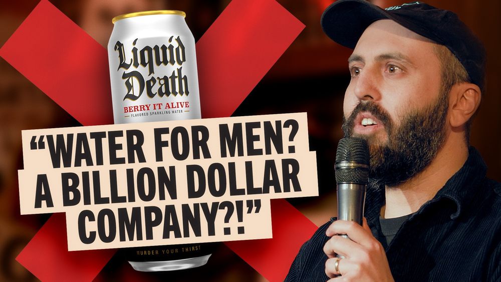 Jeremy Kaplowitz speaks into a microphone next to an image of Liquid Death with an X over it, with the text overlaid reading, "Water for men? A billion dollar company?!"