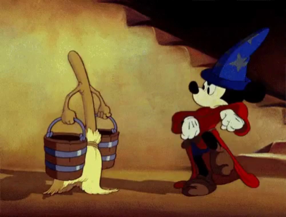 a cartoon of mickey mouse standing next to a bucket and a broom