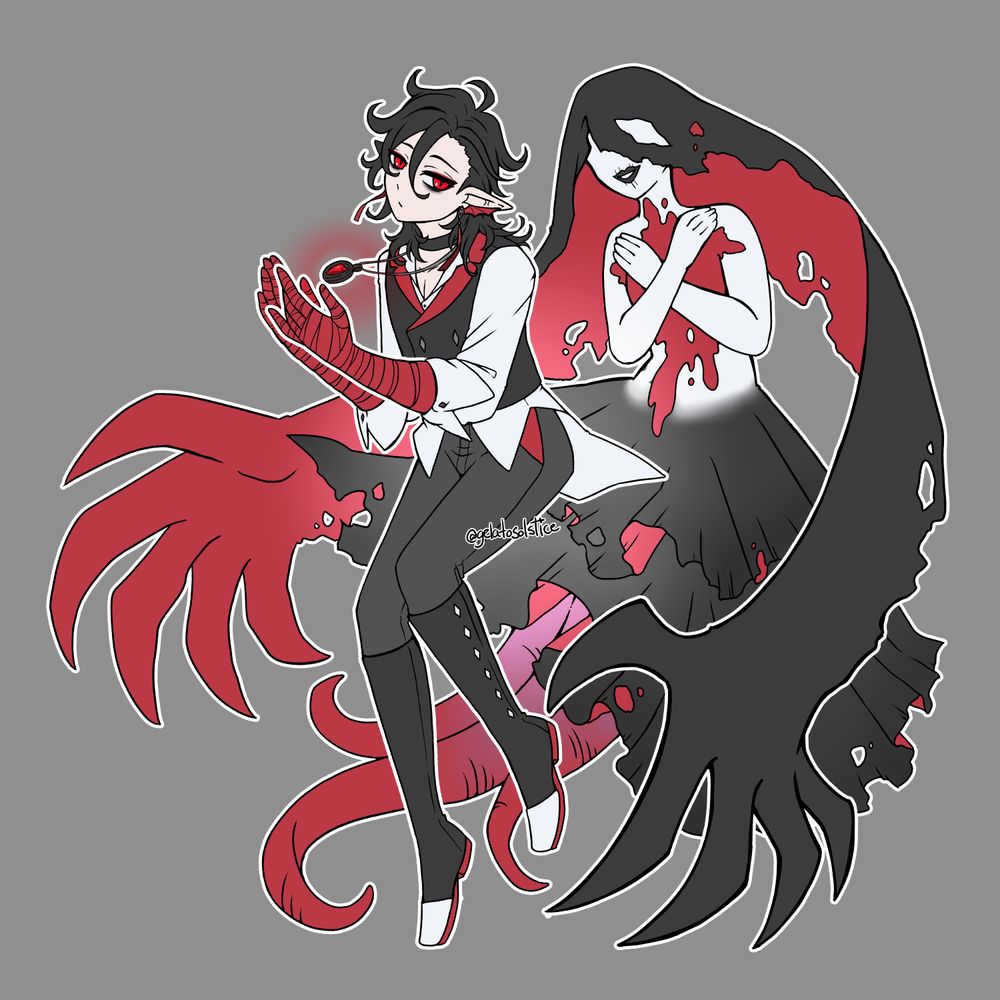Sareti Corhaven the Dhampir with his companion Elde. Sareti is a young adult male who is half Shadar-Kai elf and half vampire. He has black hair that goes past his shoulders, red eyes with bags, and pale skin. His attire consists of a double-buttoned vest, open dress shirt, pants, boots, and hands wrapped in red bandages. Around his neck is both a collar and a locket with a heart on it. Behind him is a spectral entity that looks like a woman in a veil, but her arms are crossed over her blood-stained chest and the veil ends in large cloth-like hands. Under her tattered dress are tentacle-like appendages instead of legs.