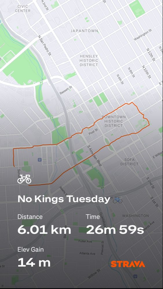 A screenshot from the exercise app Strava showing a “No Kings Tuesday” ride of 6.01 km