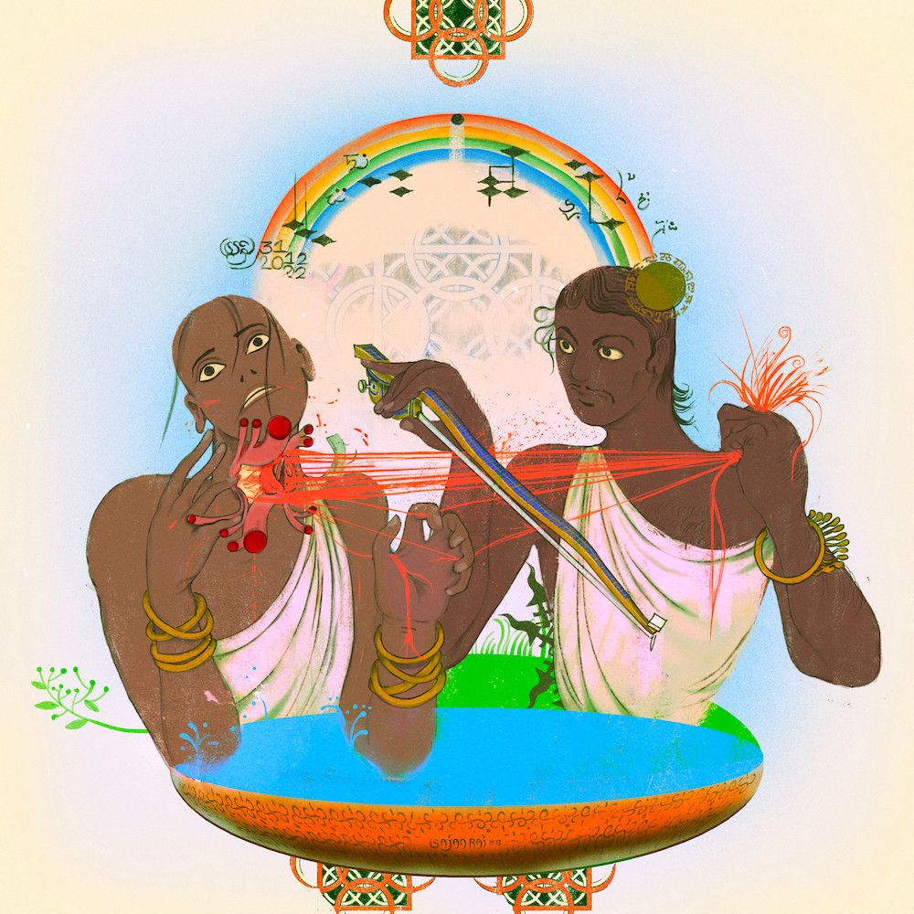 the busts of two figures, one looks in pain, as they're having their vocal cords yanked from a hole in their throat by the other, who clutches them in a bunch with their furthest hand. With their other hand they concentratedly use a stringed instrument bow on the vocal cords. A rainbow bridges the heads, and is dotted with fantastical music notation. Their busts rest above a small basin.