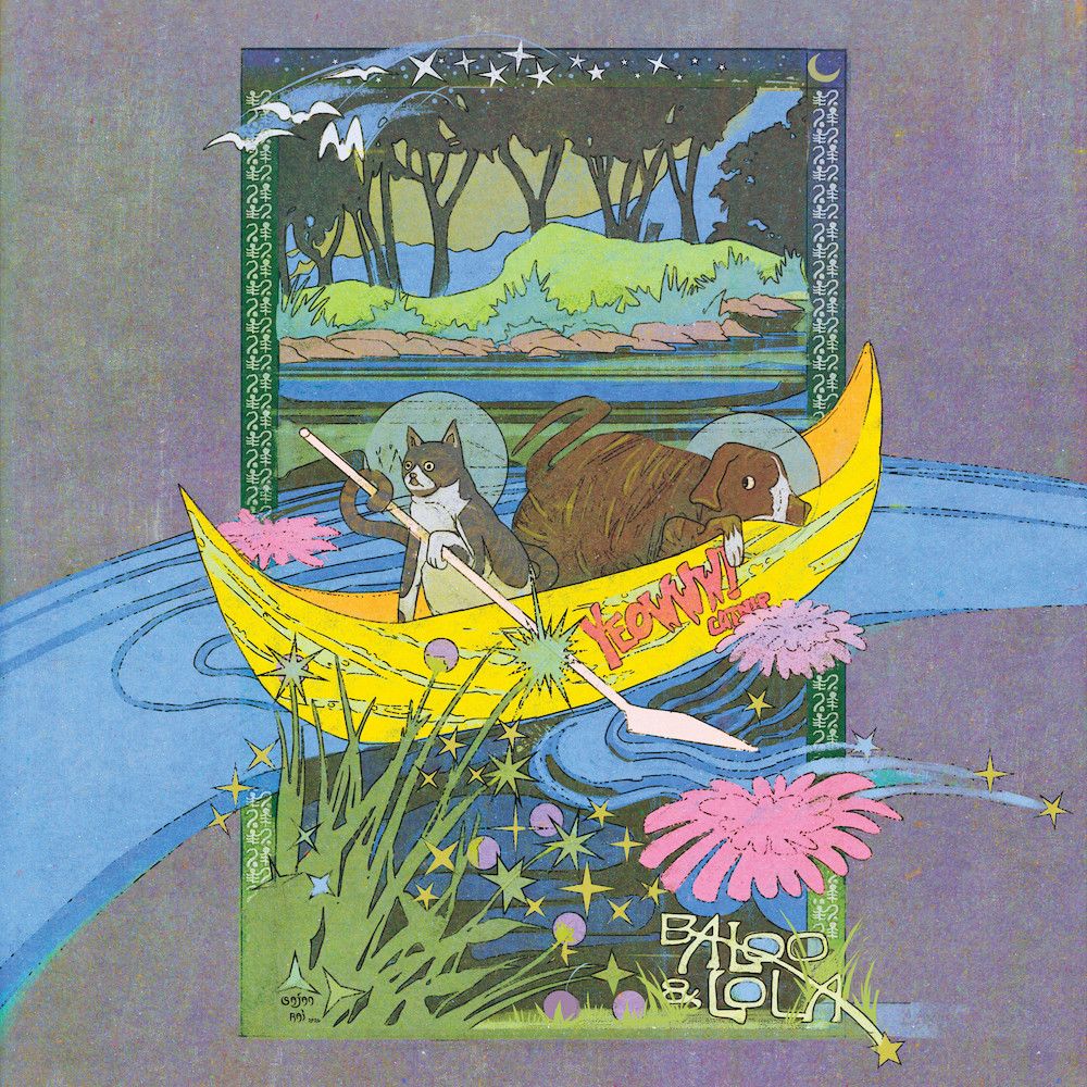 a cat and dog on a canoe - which is shaped like a catnip banana toy. The cat rows them gently across a lovely riverbank, sprinkled with flowers. They are called Baloo and Lola, 