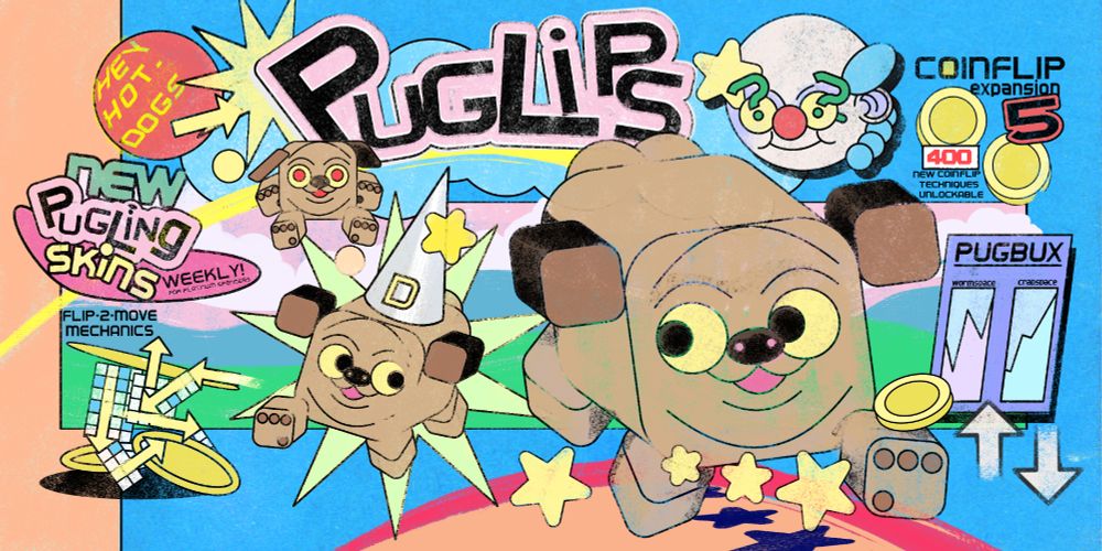 Faux game art for a game called puglips, cuboid pugs frolic around amidst talks of coins, esoteric game instructions, the promise of new pugling skins weekly